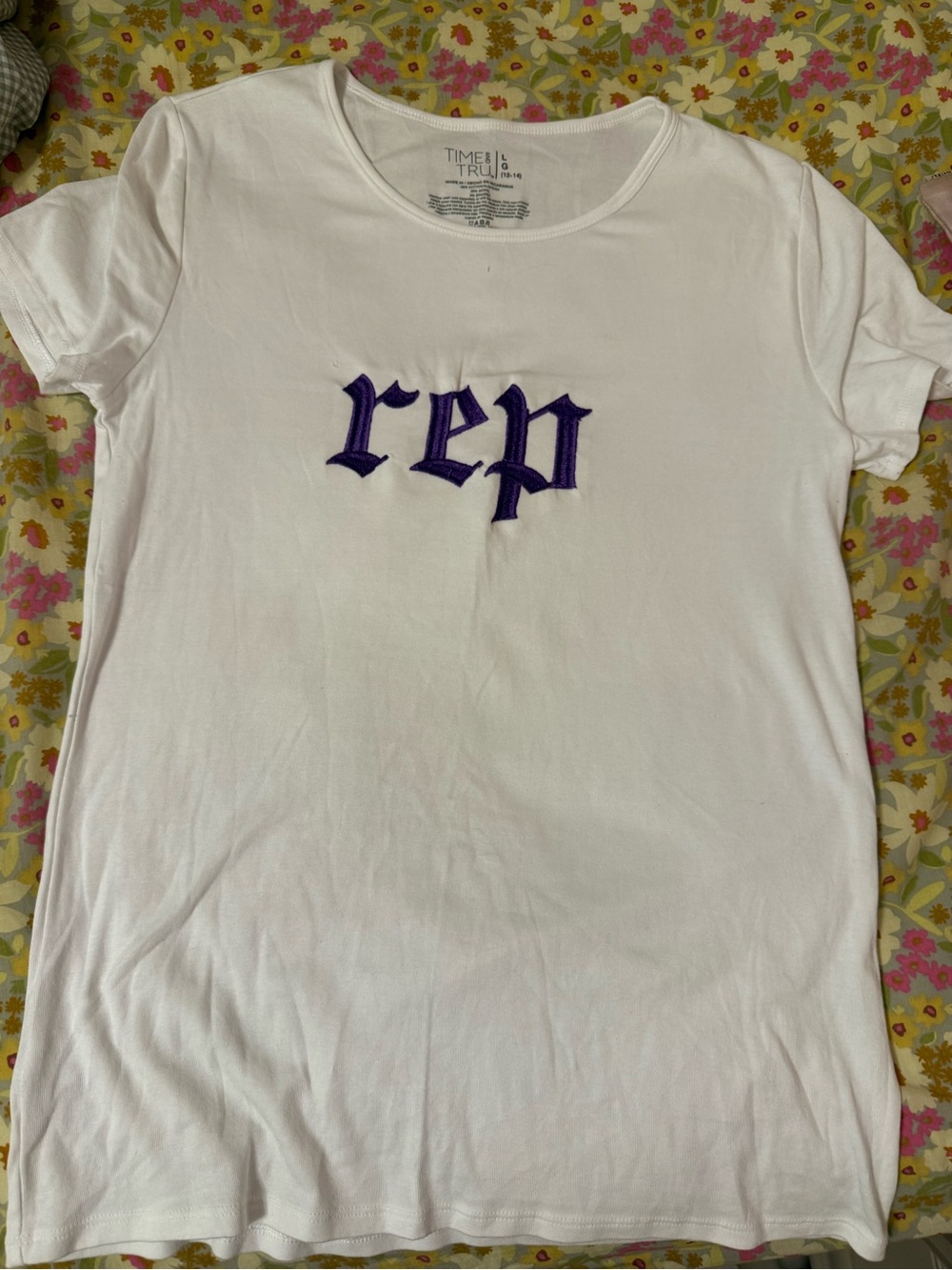 Homemade Taylor’s Swift Inspired Shirt; White Tee with Purple 'rep' Embroidery